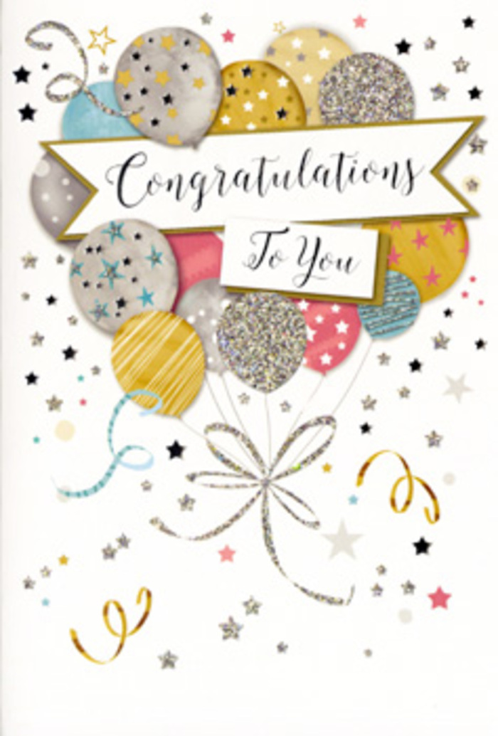 In this detailed congratulations card illustration, the visual focus is a charming bouquet of balloons that seems to hover weightlessly, echoing the relaxed, open feel of Harmondsworth's surrounding fields and footpaths. The balloons are artistically rendered in rounded forms, with surfaces that appear to glow softly in shades of champagne gold, brushed silver, soft sky blue, pretty blush pink, and muted grey. Each balloon carries its own decorative character: some are scattered with small twinkling stars, others lined with subtle stripes or dusted with gleaming speckles that hint at glitter. From the point where they gather, fine ribbons stream downward in elegant curls of metallic gold and silver, reminiscent of the curled ribbon we tie around a celebratory bouquet before delivering it to a doorstep near the village green. The background is light and understated, allowing a flurry of decorative elements-tiny star shapes, dots of confetti, and swirling ribbon motifs-to drift gently around the central cluster, suggesting movement and the joyful chaos of a celebration in full swing. Across the middle, a graceful banner stretches over the balloons, carrying the words "Congratulations To You" in ornate calligraphic lettering that adds a sense of sophistication and heartfelt sincerity. The impression is one of polished festivity: sparkling yet not overwhelming, suitable for treasured moments like exam results, promotions, or personal achievements. Imagining this card positioned beside a vase of fresh flowers in a Harmondsworth sitting room, you can almost feel the happiness in the air, as the design quietly holds all the pride and delight that words alone might struggle to express.