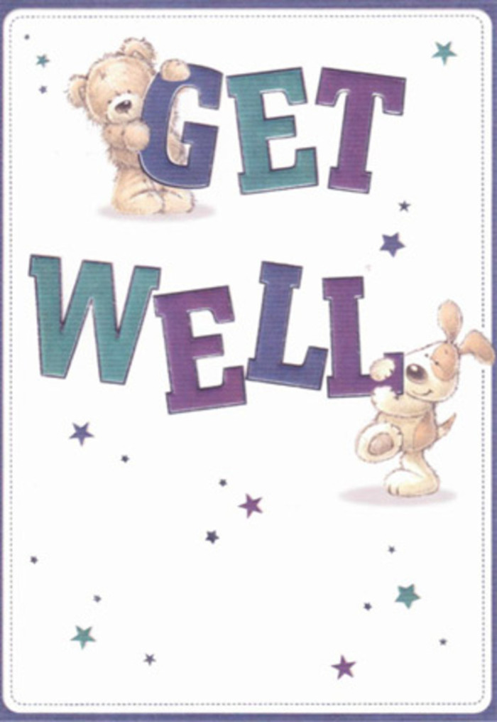 A celebration of gentle support unfolds on this beautifully rendered get well card, where the playful friendship between a bear and a puppy takes center stage. They are surrounded by a sprinkling of whimsical stars-blue and purple wishes floating through a luminous cream background, evoking the clear, open air of Harmondsworth village. The bold, blocky letters in purple and aqua allow the card's bright message to stand tall and unwavering, bringing a sense of hope and reassurance. Textures leap from the page: the bear's soft, fluffy coat and the puppy's gentle ears almost tangible, adding to the card's emotional resonance. Imagine the comfort in receiving this image alongside a bouquet from Florist Harmondsworth, each petal thoughtfully arranged, every color chosen with the purpose of healing. With its inviting mood, the card gently promises to lift spirits and impart a sense of community and heartfelt good wishes-sent straight from Harmondsworth's caring heart.