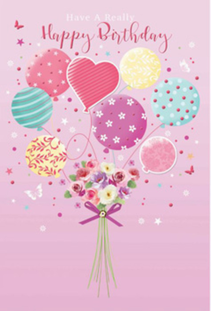 In this gently jubilant birthday illustration, a floating bouquet and its pastel balloons seem to rise from the heart of Harmondsworth, carrying with them the warmth of a village celebration. The backdrop is a soft pink field of colour, soothing and romantic, providing a calm stage for the playful movement above it. At the top, multiple balloons cluster together as though they have just been released from a garden party near the Great Barn. Their colours stretch from pale sunshine yellow and blush rose to seafoam green and lavender, blending in a pleasing, painterly way. Each balloon is decorated with its own detail-stripes that curve like ribbons, dotted patterns that feel light-hearted and fun, and floral accents that echo real petals. Dangling from these airy orbs, fine strings lead the eye down to a charming bouquet at the base. Here, petite roses and daisy-like blossoms bloom in layers of cream, blush, and soft mauve; their petals are shaded with care, suggesting the velvety texture and subtle sheen you would see in a freshly crafted arrangement. Imagined light skims across each petal, hinting at the sort of gentle fragrance that fills a room without overwhelming it, like a birthday bouquet placed in a quiet corner of a Harmondsworth cottage. A shimmering purple bow gathers the stems, adding a jewel-like note of festivity. Tiny stars and butterflies dance around the composition, giving a floating sense of magic, as though birthday wishes and whispered messages are carried by the breeze. The image conveys not only a visual celebration, but also the feeling of being personally thought of and cherished by someone who took the time to choose something beautifully made.