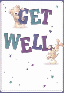 A wave of lightness and heartfelt support emanates from this delightful get well card, designed to uplift and reassure. Against a crisp background reminiscent of Harmondsworth's tranquil open spaces, a cuddly teddy bear perches atop the bold 'GET,' while a doe-eyed puppy leans into the 'WELL' below, their togetherness capturing a sense of playful camaraderie. Their plush, rounded figures and tender faces communicate affection and optimism. Scattered throughout are brilliant blue and purple stars, each one like a symbolic nod to the hope and possibility that surrounds every act of caring in Harmondsworth. The deep hues of the indigo and teal text provide a vibrancy akin to fresh blooms from a skilled local florist, leaping out with joyful confidence. The entire card exudes the same thoughtful attention to detail you'd expect from a carefully crafted bouquet, as each feature is placed to brighten a moment and provide solace. It's an artistic embrace-an offering of cheer sent out across the Harmondsworth area.