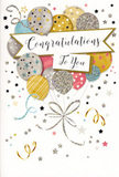 This congratulations card artwork captures a light, uplifting mood, much like the calm, open atmosphere of Harmondsworth's lanes and village gardens on a sunny afternoon. At the centre, a cheerful cluster of illustrated balloons seems to float upward, gathered together in a balanced, bouquet-like arrangement. The balloons are rounded and smooth, shaded in soft metallic tones of gold, silver, champagne, pale blue, blush pink, and misty grey. Each balloon features its own subtle design-sprinkles of tiny stars, delicate stripes, or fine glitter-like highlights that add sparkle without overpowering the composition. Slender ribbons fall from the base of the balloon cluster, curling in loose spirals of gold and silver that bring grace and cohesion, similar to the careful ribbon work on a hand-tied celebratory bouquet. Around the main image, small stars, dots of confetti, and flowing ribbon shapes scatter across a pale background, suggesting the gentle movement of decorations stirred by an indoor breeze at a family gathering. A softly curved banner runs through the centre, bearing the message "Congratulations To You" in neat, flowing script that feels personal, warm, and just formal enough for significant milestones. There is an inviting, almost tactile quality to the design, as though you might feel a slight raised texture where the glitter and glossy ink lie. Paired in your mind with fresh flowers delivered from a local Harmondsworth florist, this card suits a wide range of accomplishments-from passing exams to starting a new role-offering a graceful visual reminder that the recipient's hard work and success are truly appreciated.