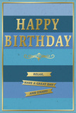 In this scene, a sophisticated birthday card is displayed so that its soothing blue tones and refined gold detailing are clearly visible, evoking the calm, welcoming character of Harmondsworth village. The card's surface is divided into wide, horizontal stripes of blue that gradually shift in shade from bottom to top. A deep navy base gives weight to the design, softening into denim and ocean blue in the middle bands, then lightening into a pale, sky-like blue near the top. These gently blended stripes create a layered, peaceful backdrop. At the centre, the words "HAPPY BIRTHDAY" stand out in large, embossed gold letters. The metallic finish offers a soft, warm shine, catching the light much like late-afternoon sun on the nearby village green. Just below the main greeting, an ornate golden flourish curves outward, adding a subtle touch of vintage elegance and breaking the space between the headline and the message below. Under the flourish, three slim golden banners span the width of the card, neatly stacked. Each ribbon bears part of a friendly sentiment: "Relax, have a great day and enjoy!" The gold banners glimmer gently against the blues, drawing the eye without overwhelming the composition. A fine gold border frames the card's edges, lending a sense of structure and completion, as though the card were a treasured print. The card stock looks smooth and gently matte, while the gold embossing introduces a tactile, raised texture. Together, these elements create an impression of thoughtful, unhurried celebration-an ideal accompaniment to fresh birthday flowers sent to someone special in Harmondsworth.