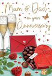 This romantic anniversary card design feels like a lovingly arranged still life created for parents celebrating another year of marriage in Harmondsworth. The eye is immediately drawn to two sumptuous red roses resting on the table, their petals rich and velvety, layered in deep crimson tones that stand out vividly against the polished, dark green leaves. The flowers are placed near an open, heart-shaped box of chocolates, its red lid tipped back to reveal a carefully composed assortment of truffles and sweets. Each chocolate is distinct, some crowned with delicate swirls, others smooth and rounded, all nestled within tiny paper cups that enhance the sense of indulgence and sharing. The box is elegantly finished with a wide red ribbon and a luxurious bow, the satin folds catching highlights as if illuminated by a warm, indoor glow. Behind this inviting display stand two tall champagne flutes, filled with pale, sparkling champagne; bubbles rise gently within the glass, evoking the soft clink of a toast made in a family home close to the tranquil paths of Harmondsworth Moor. Floating around the central arrangement are numerous small hearts in shades of crimson and shimmering gold, some overlapping the graceful, handwritten greeting addressed to "Mum & Dad". A classic scarlet envelope lies nearby, sealed and slightly askew, hinting at a heartfelt message ready to be opened and read aloud. The overall atmosphere is one of warmth, intimacy, and celebration-the gentle scent of roses and the imagined taste of chocolate and champagne combining into a visual tribute to enduring love and the quiet joy of shared years together.